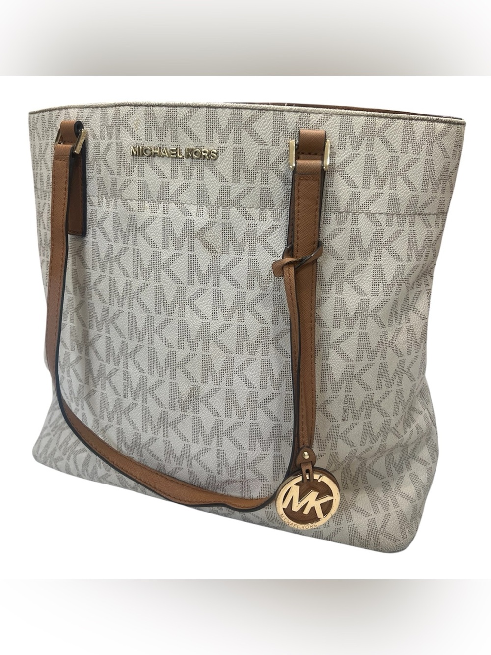 Michael Kors Logo vanilla Tote with Gold Hardware & brown leather strap